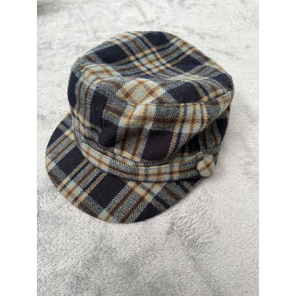 Plaid Fisherman Cap Blue Brown Tartan Military Hat with Elastic Back One Size